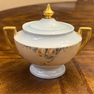Vintage Czech Slovakia Porcelain Sugar Bowl with Gold Handles and Floral Motif